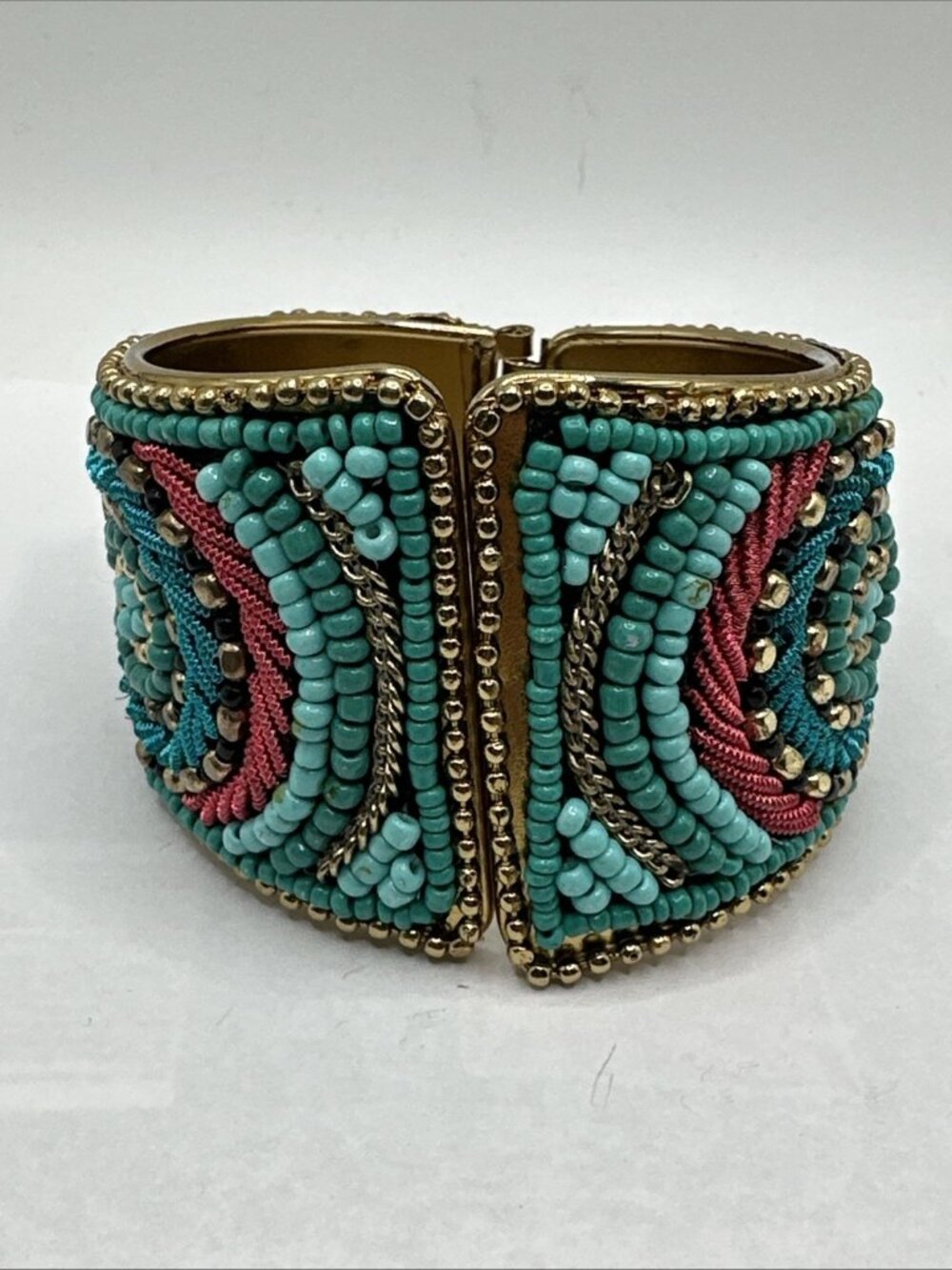 Vintage Fully beaded hinged brass cuff bracelet Multi Turquoise Color Bead Boho